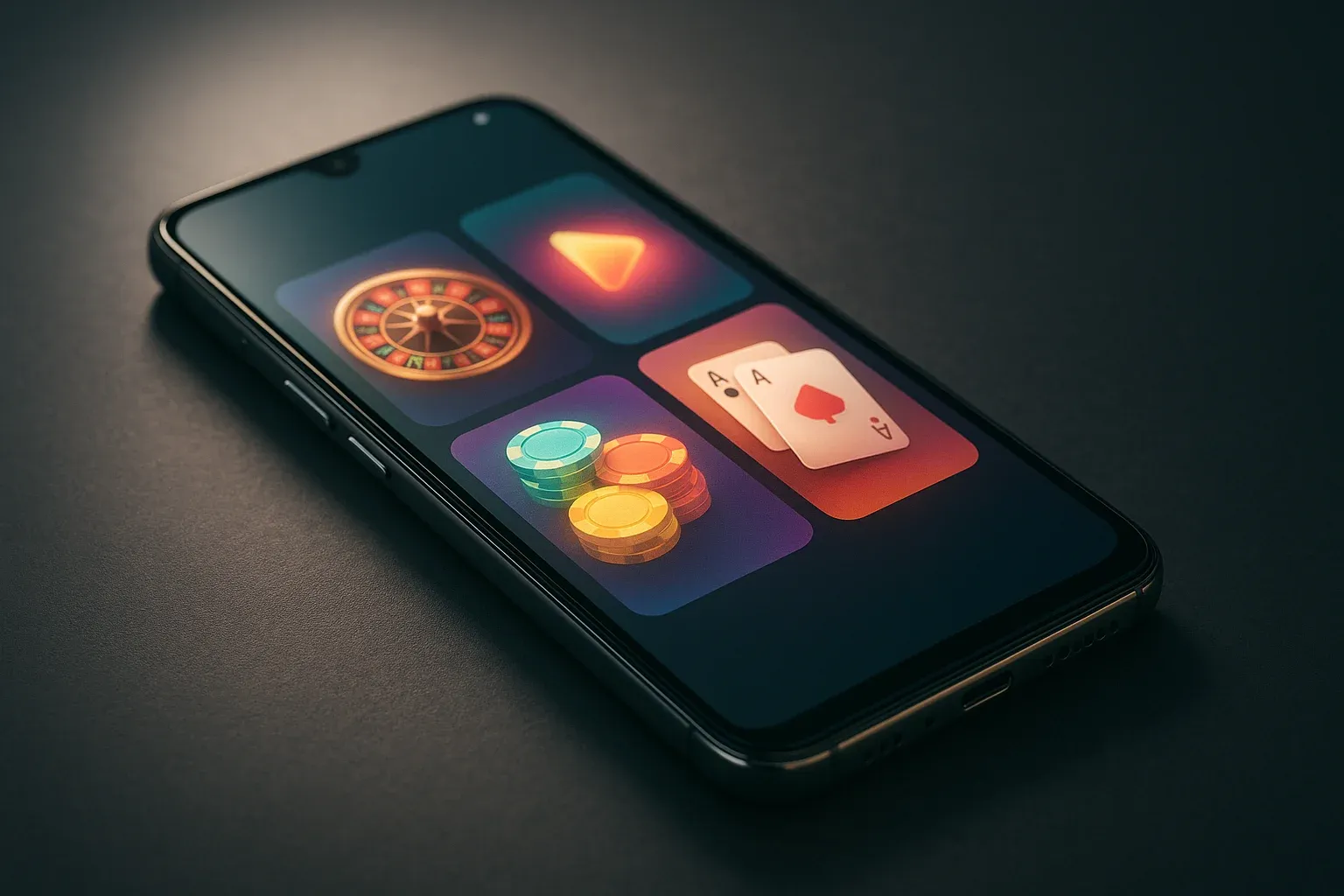 Sleek Android smartphone displaying colorful glowing casino-style app interface