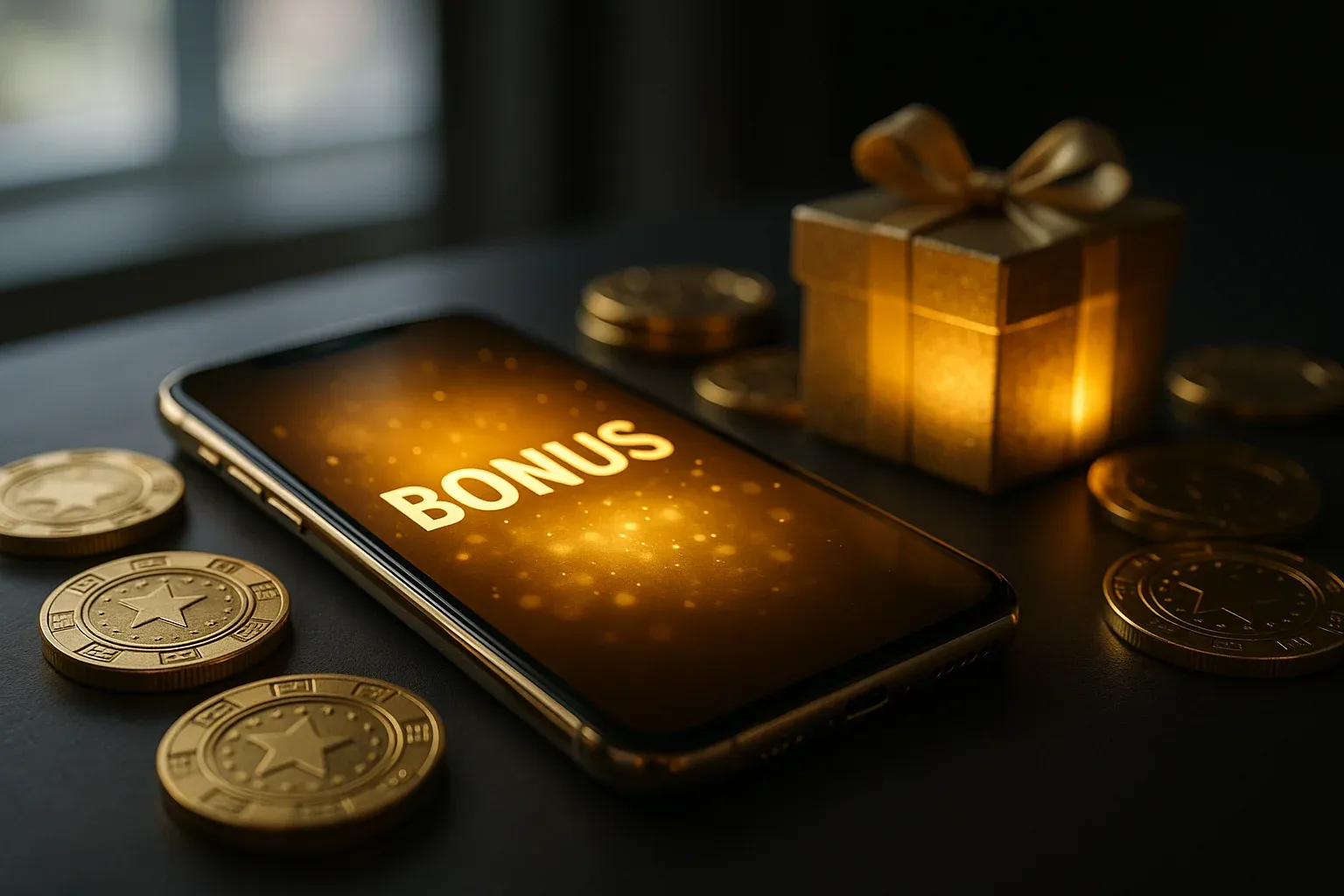 Sleek smartphone with golden bonus interface, casino chips, and glowing gift box