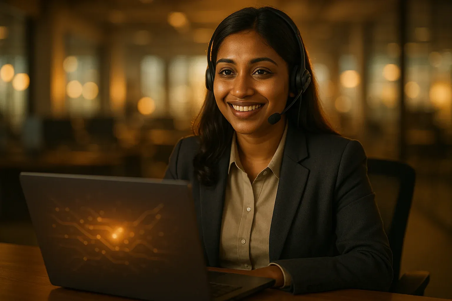 Smiling Bangladeshi customer service representative at desk with laptop in warm office