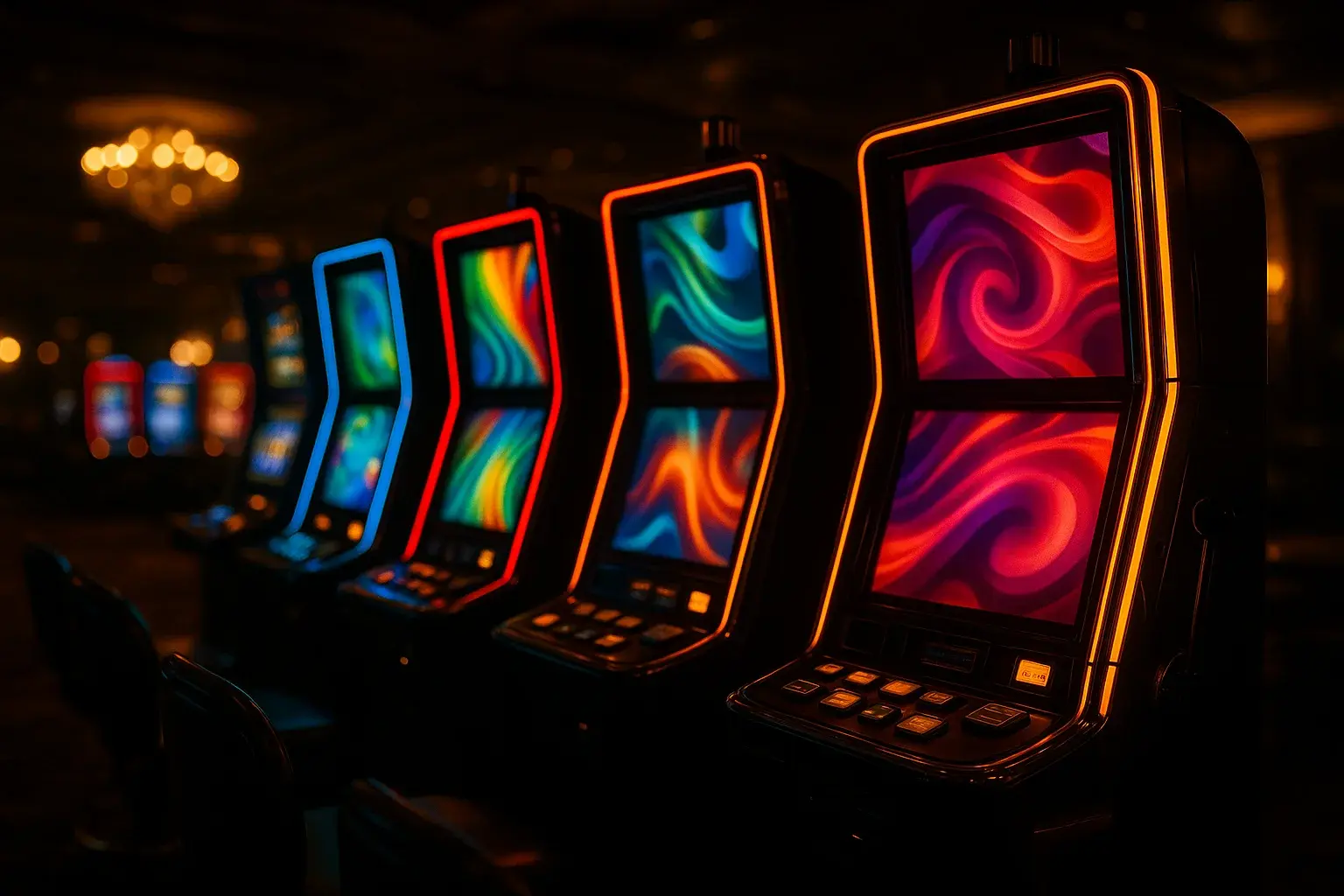Colorful slot machine screens glowing in a dark neon casino lounge