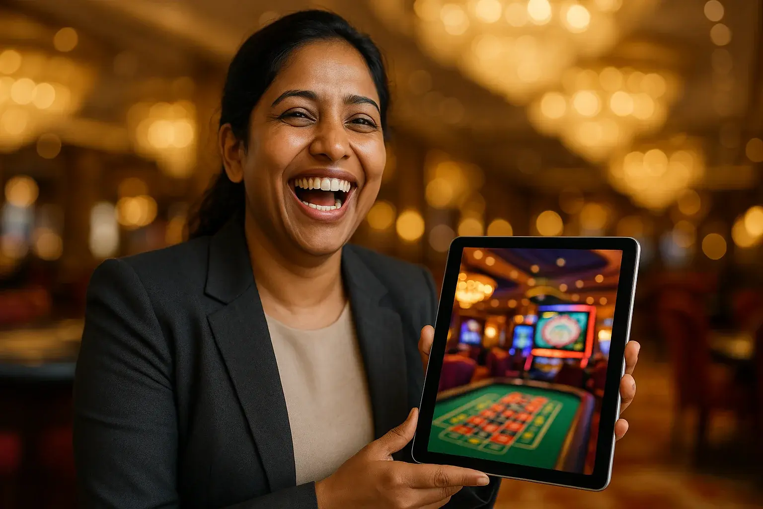 Happy Bangladeshi woman in blazer holding tablet with blurred casino lobby screen