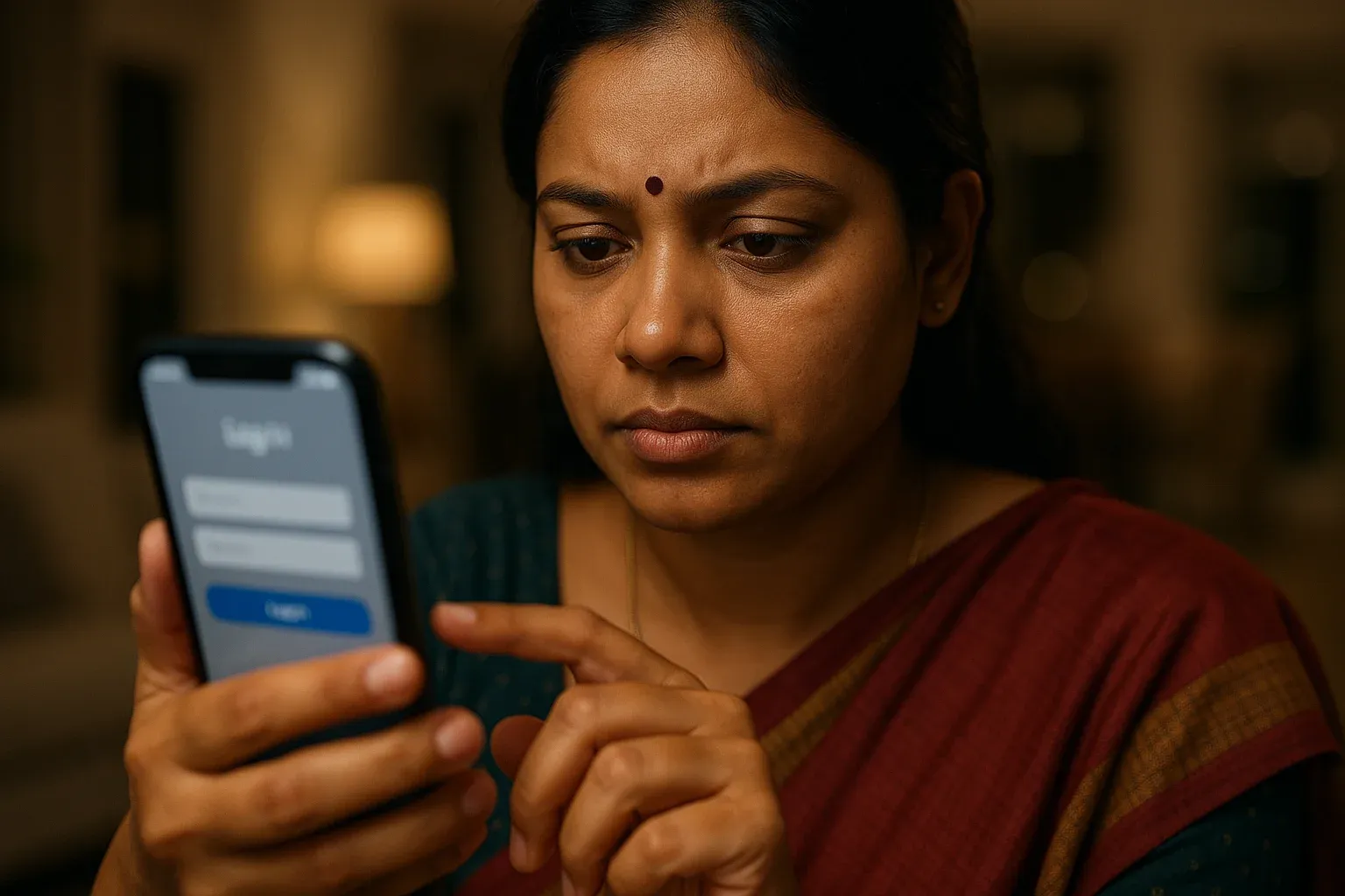 Bangladeshi woman using smartphone login screen indoors with blurred display