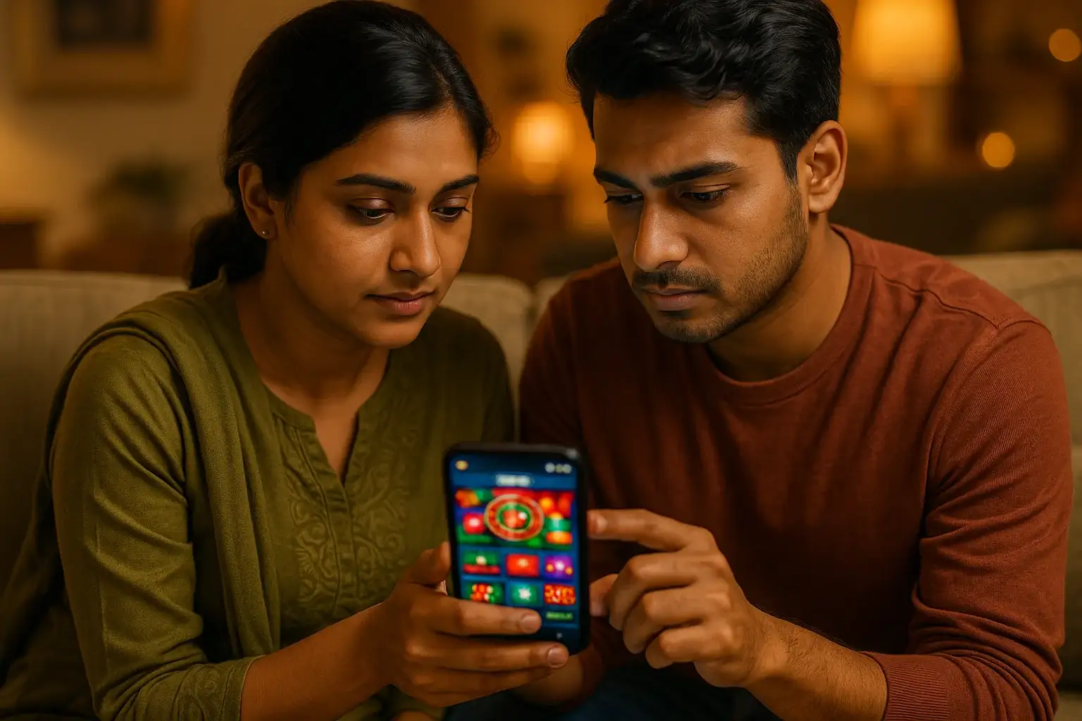 Young Bangladeshi couple calmly viewing smartphone casino app at home
