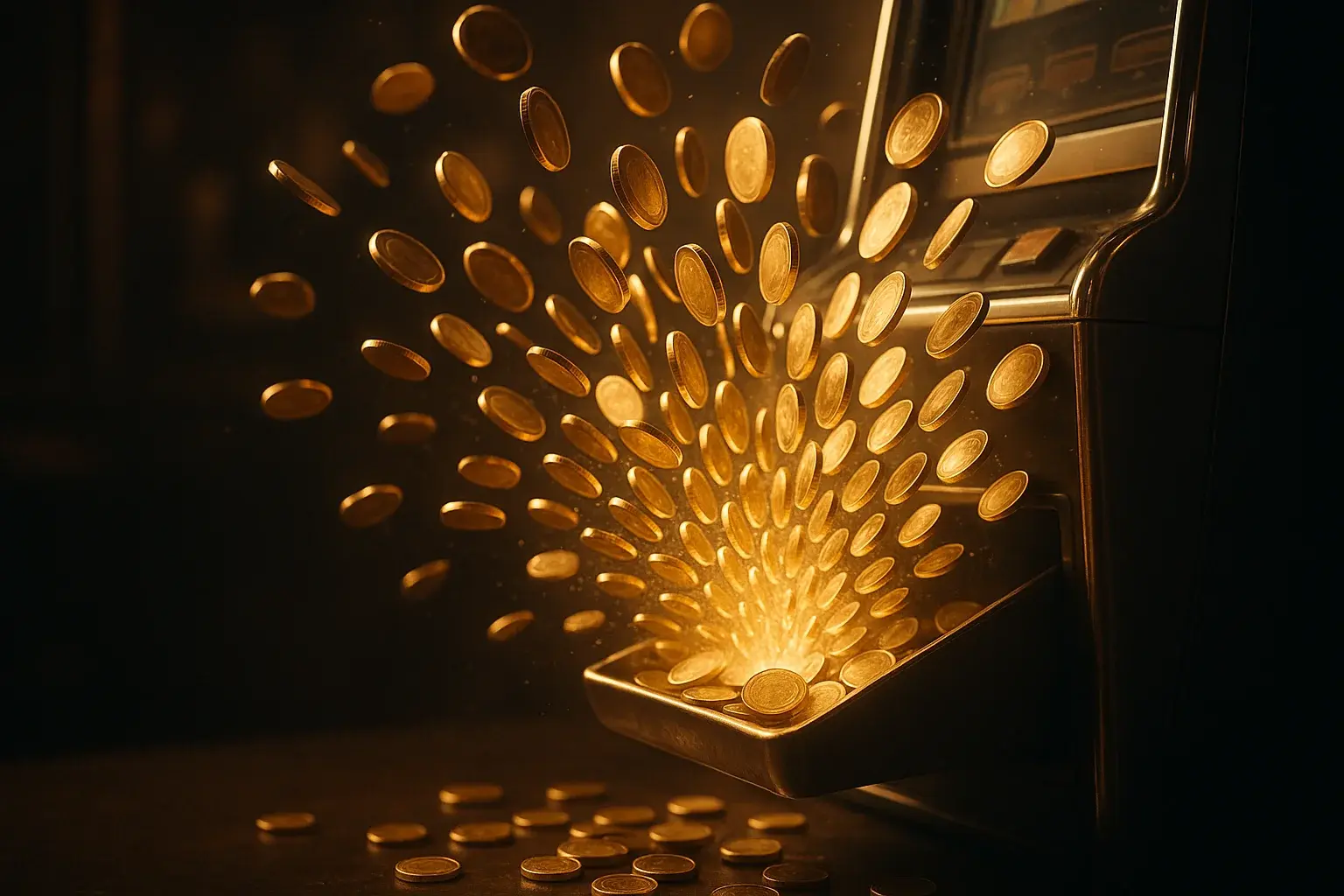 Golden coins bursting from slot machine tray in dramatic lighting